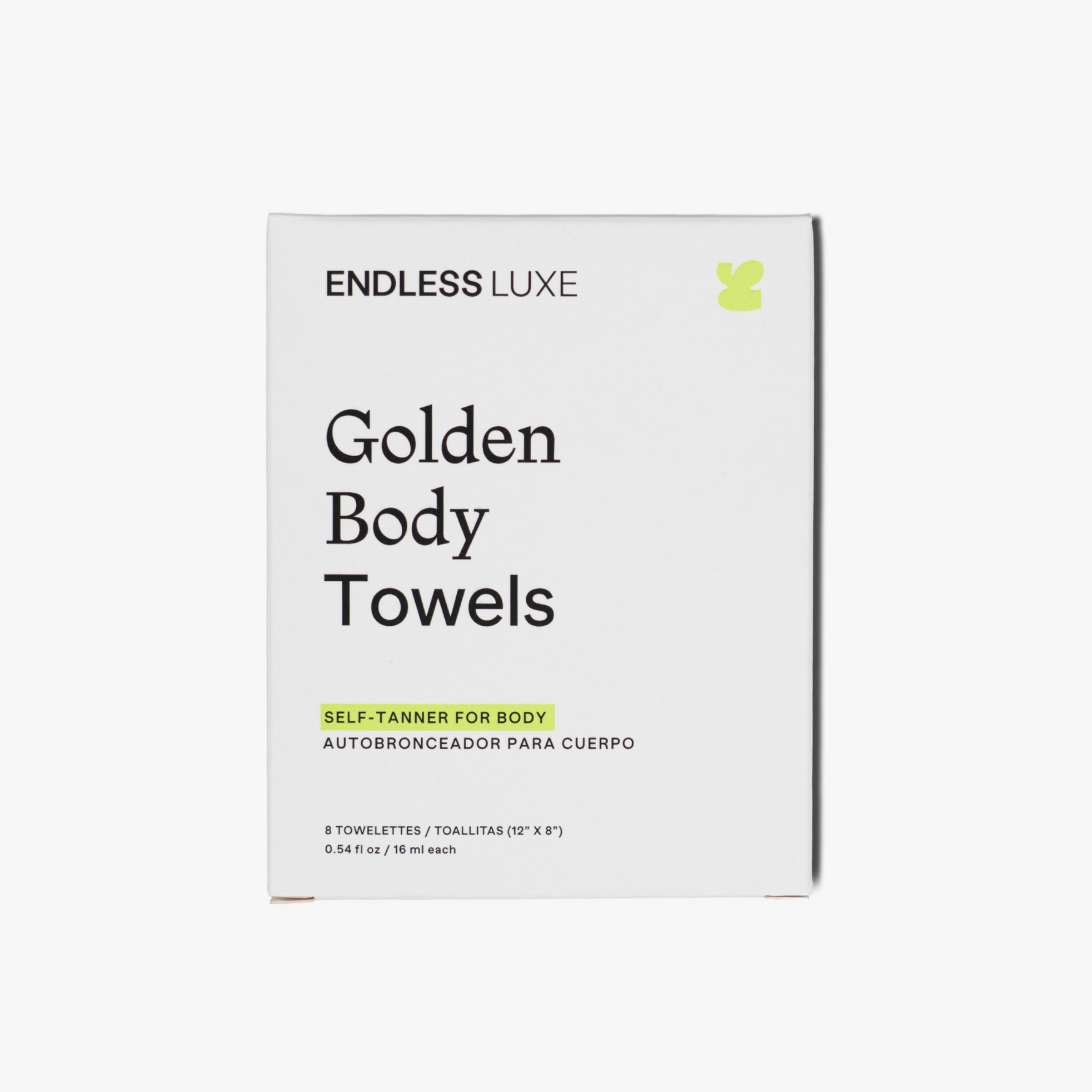 Box of Endless Luxe Golden Body Towels on a white background